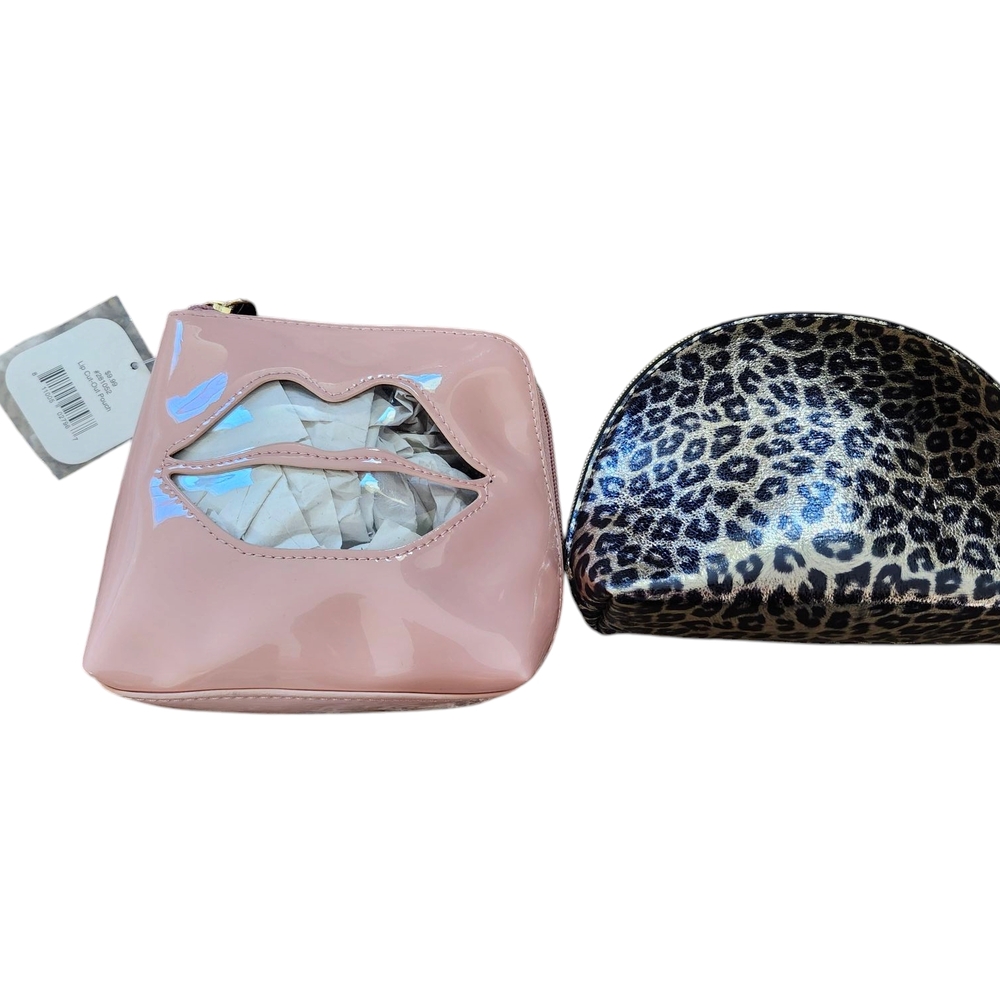 Pink Lip-Shaped Pouch and Leopard Print Cosmetic Bag